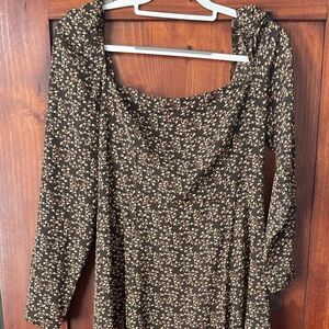 Brown and green floral midi dress with slit